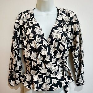 Joie Black and White Wrap Blouse with 3/4 Sleeves
